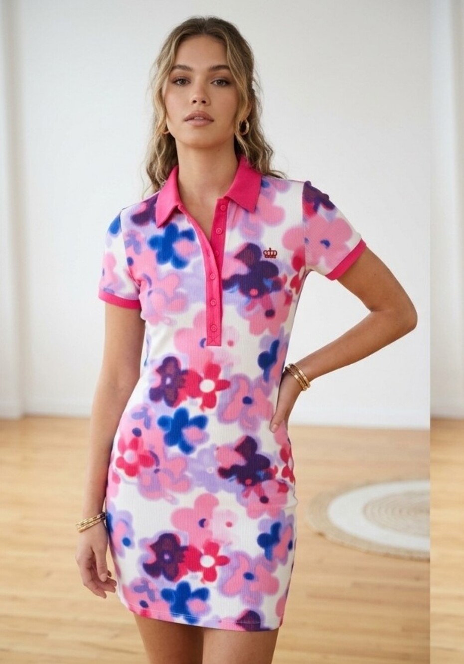 Juicy Couture Y2K Style Pink Multi-Color Floral Ribbed Polo Mini Dress XS
